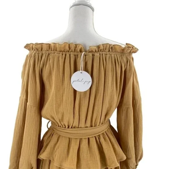 Petal & Pup NEW Callie Off the Shoulder Gauzy Ruffle Mini Dress Yellow Size L - Picture 8 of 11